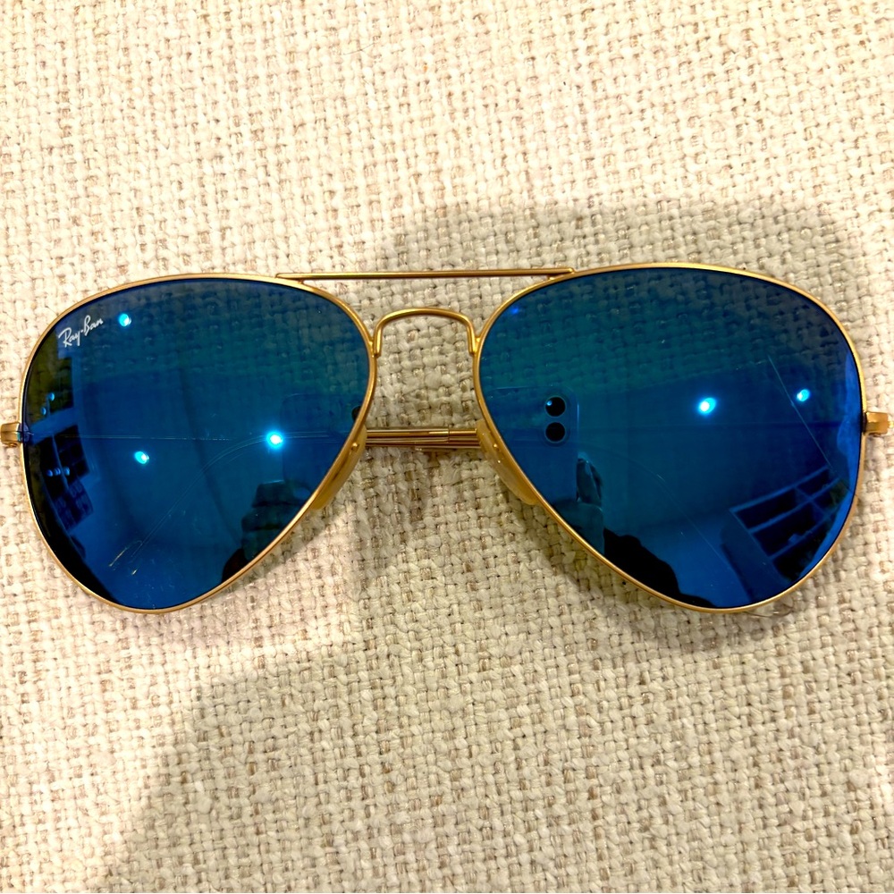 Ray-Ban Gold Frame Sunglasses with Blue Lenses - EUC